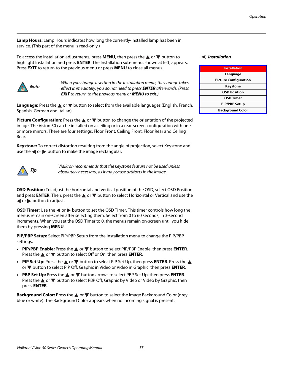 Lamp hours, Installation, Language | Picture configuration, Keystone, Osd position, Osd timer, Pip/pbp setup, Background color, Pre l iminar y | Vidikron Vision 50 User Manual | Page 67 / 90