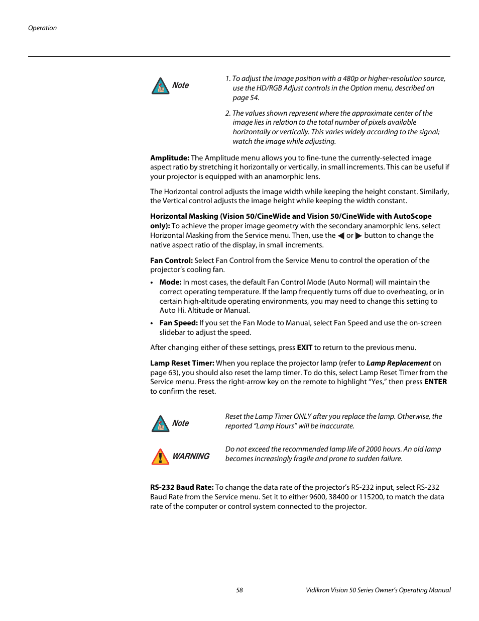 Amplitude, Fan control, Lamp reset timer | Rs-232 baud rate, Pre l iminar y | Vidikron Vision 50 User Manual | Page 70 / 90