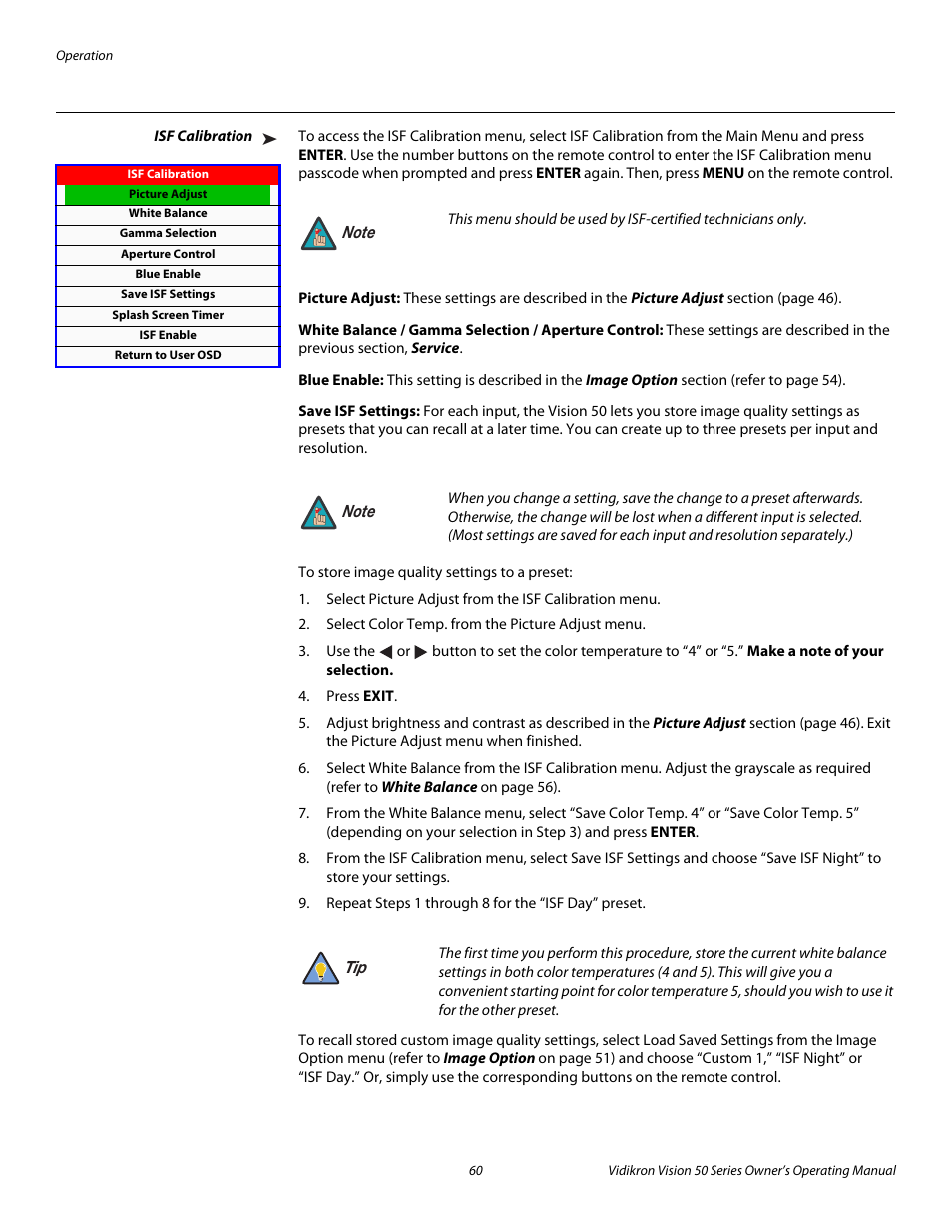 Isf calibration, Picture adjust, White balance / gamma selection / aperture control | Blue enable, Save isf settings, Pre l iminar y | Vidikron Vision 50 User Manual | Page 72 / 90