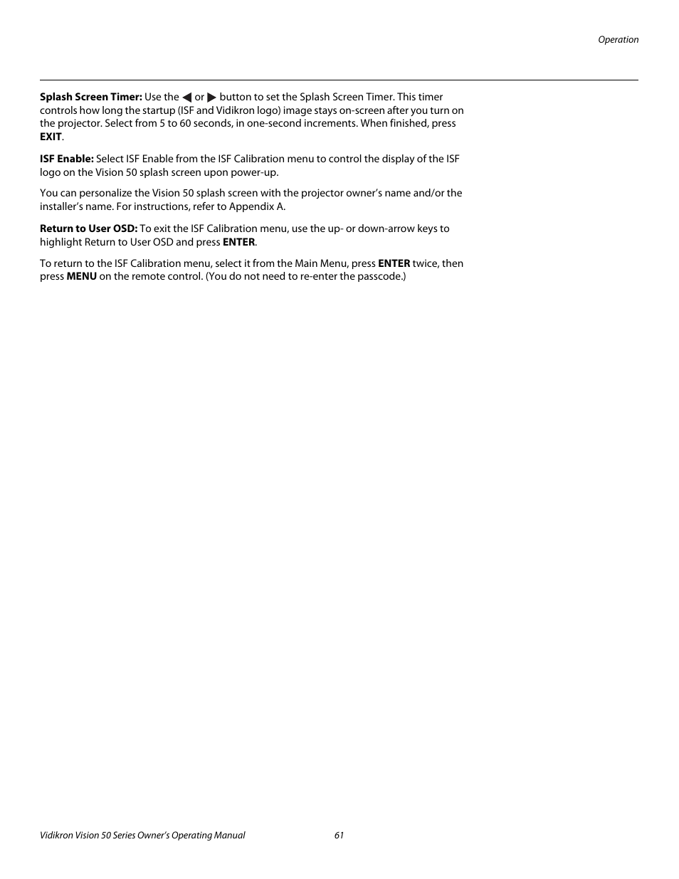 Splash screen timer, Isf enable, Return to user osd | Pre l iminar y | Vidikron Vision 50 User Manual | Page 73 / 90