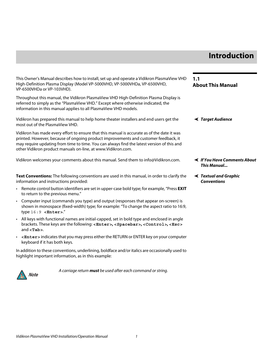 1 introduction, 1 about this manual, Target audience | If you have comments about this manual, Textual and graphic conventions, Text conventions, Introduction, About this manual, Pre l iminar y | Vidikron PLASMAVIEW VP-6500VHDA User Manual | Page 13 / 82