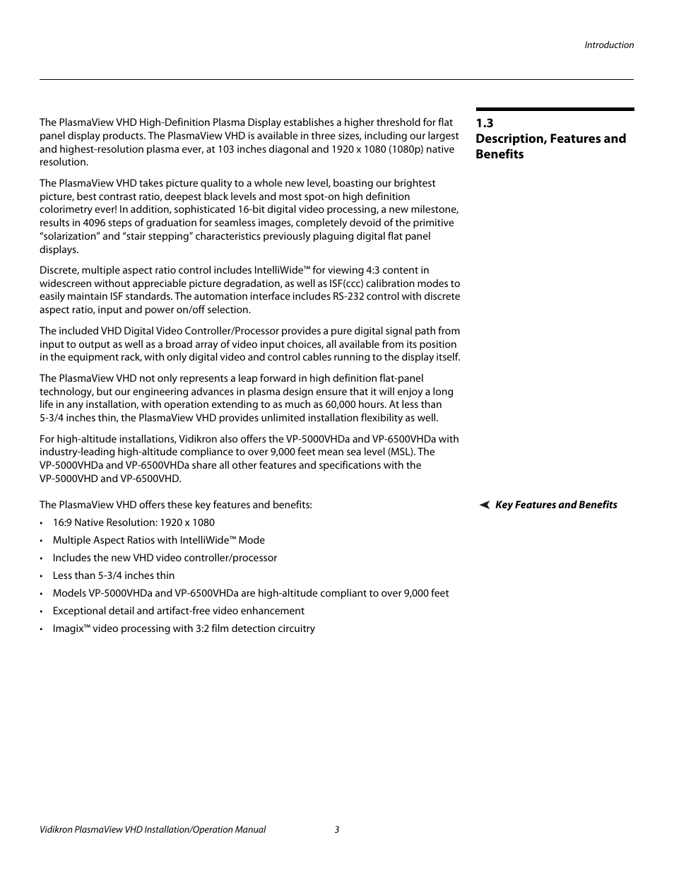 3 description, features and benefits, Key features and benefits, Description, features and benefits | Pre l iminar y | Vidikron PLASMAVIEW VP-6500VHDA User Manual | Page 15 / 82