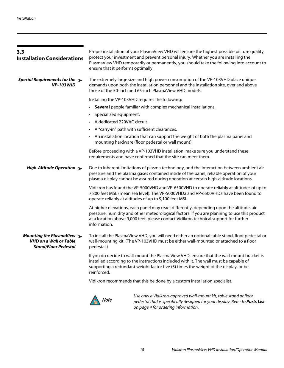 3 installation considerations, Special requirements for the vp-103vhd, High-altitude operation | Installation considerations, Pre l iminar y | Vidikron PLASMAVIEW VP-6500VHDA User Manual | Page 30 / 82
