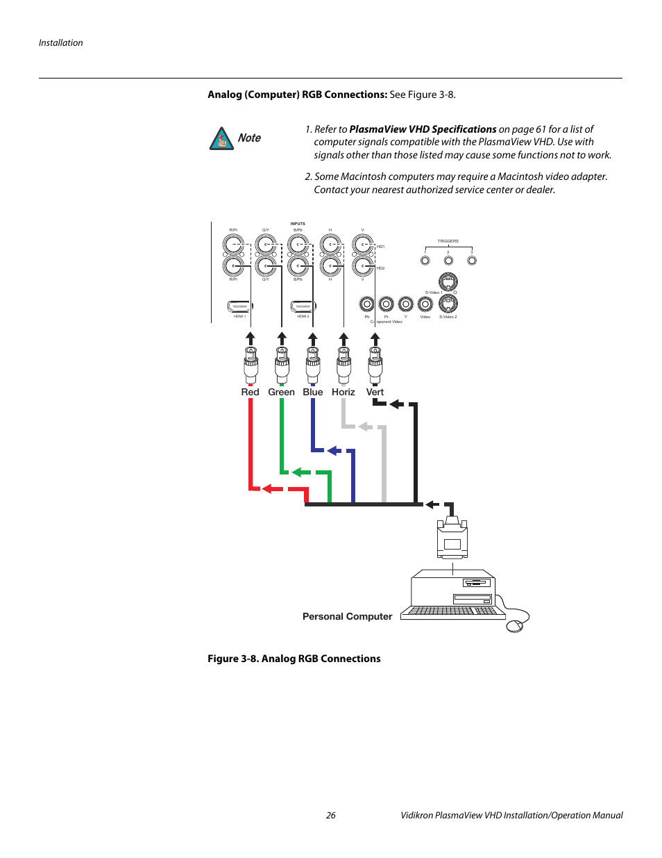 Analog (computer) rgb connections, Figure 3-8 . analog rgb connections, 8. analog rgb connections | Pre l iminar y | Vidikron PLASMAVIEW VP-6500VHDA User Manual | Page 38 / 82