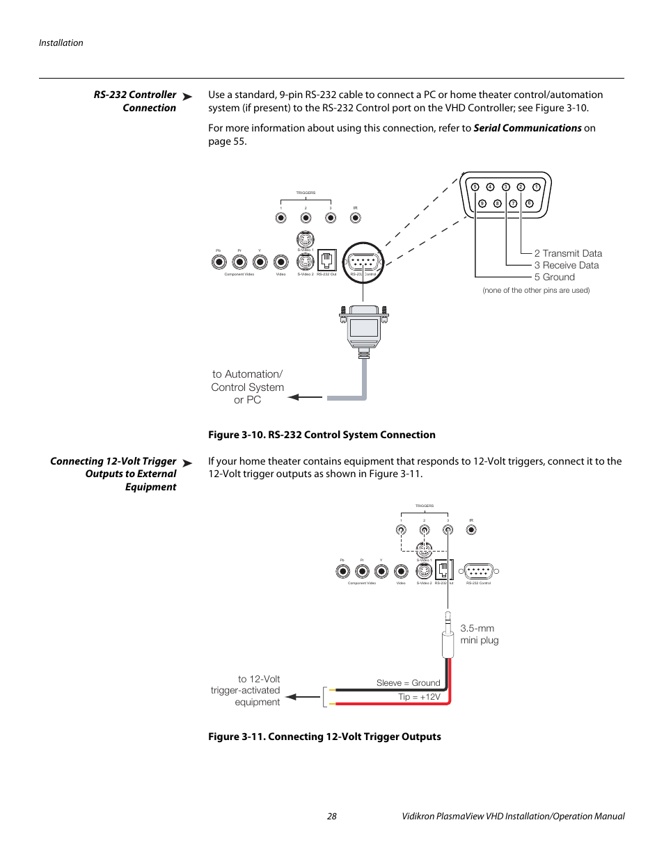 Rs-232 controller connection, Figure 3-10 . rs-232 control system connection, Figure 3-11 . connecting 12-volt trigger outputs | 10. rs-232 control system connection, 11. connecting 12-volt trigger outputs, Pre l iminar y | Vidikron PLASMAVIEW VP-6500VHDA User Manual | Page 40 / 82