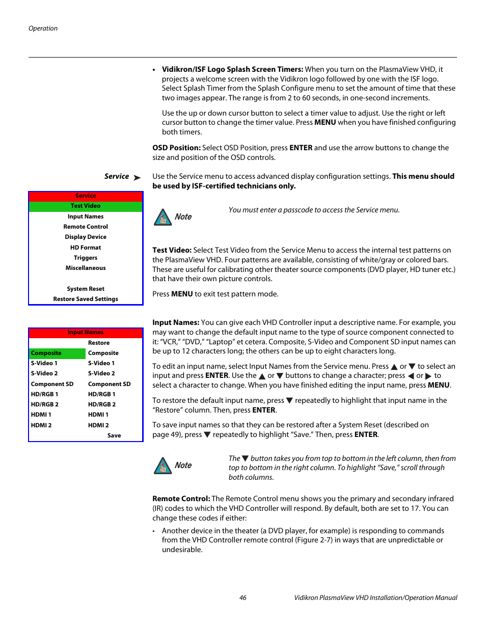 Osd position, Service, Test video | Input names, Remote control, Pre l iminar y | Vidikron PLASMAVIEW VP-6500VHDA User Manual | Page 58 / 82