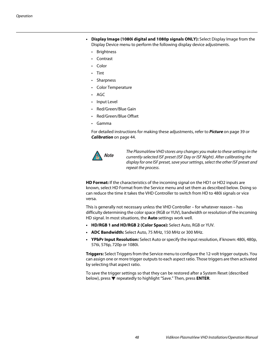 Hd format, Triggers, Pre l iminar y | Vidikron PLASMAVIEW VP-6500VHDA User Manual | Page 60 / 82