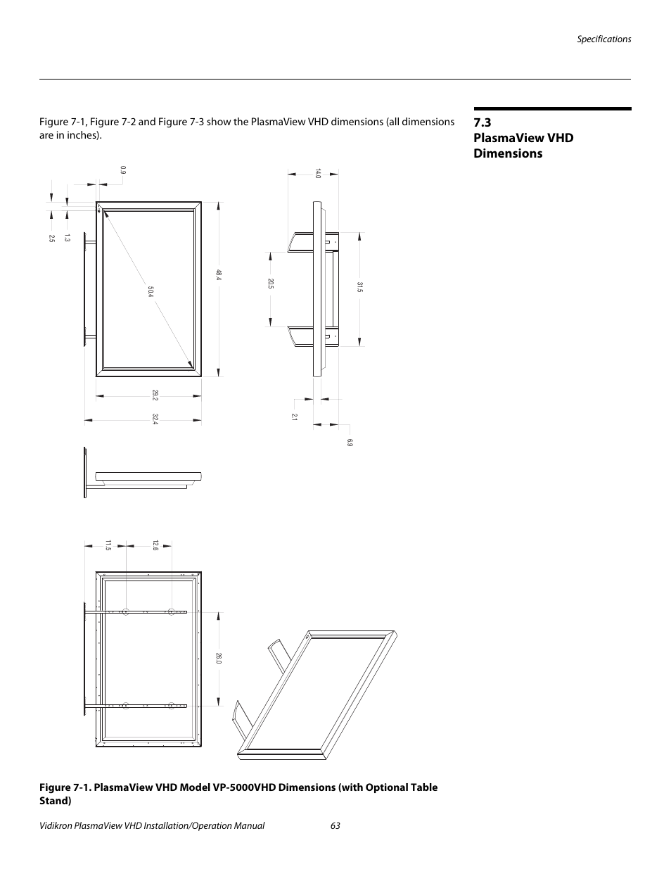 3 plasmaview vhd dimensions, Plasmaview vhd dimensions, See figure 7-1 | Pre l iminar y | Vidikron PLASMAVIEW VP-6500VHDA User Manual | Page 75 / 82