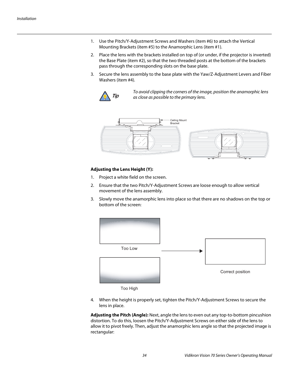 Adjusting the lens height (y), Adjusting the pitch (angle), Pre l iminar y | Vidikron vision70 User Manual | Page 46 / 90