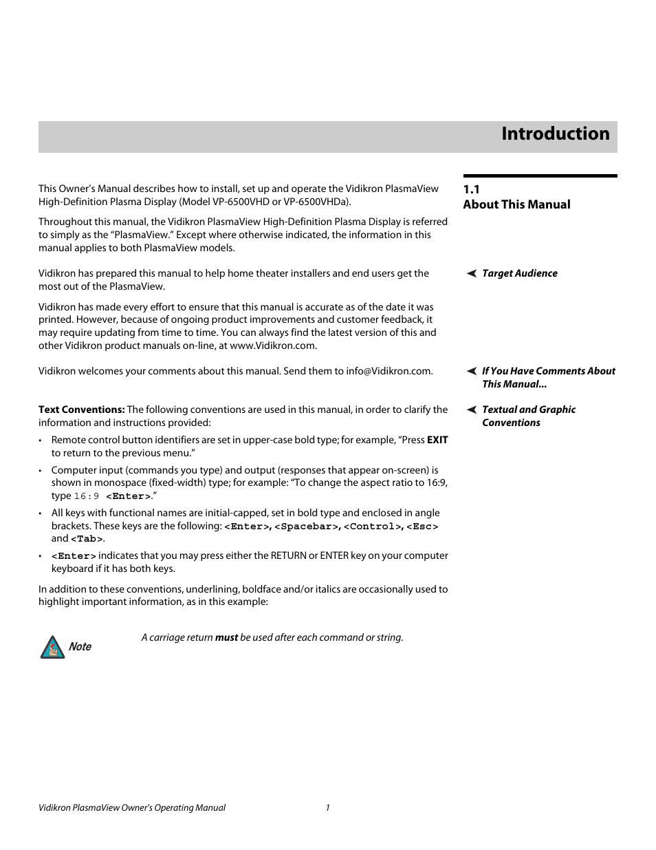 1 introduction, 1 about this manual, Target audience | If you have comments about this manual, Textual and graphic conventions, Text conventions, Introduction, About this manual, Pre l iminar y | Vidikron VP-6500VHD User Manual | Page 11 / 70