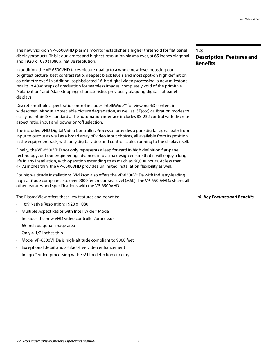 3 description, features and benefits, Key features and benefits, Description, features and benefits | Pre l iminar y | Vidikron VP-6500VHD User Manual | Page 13 / 70