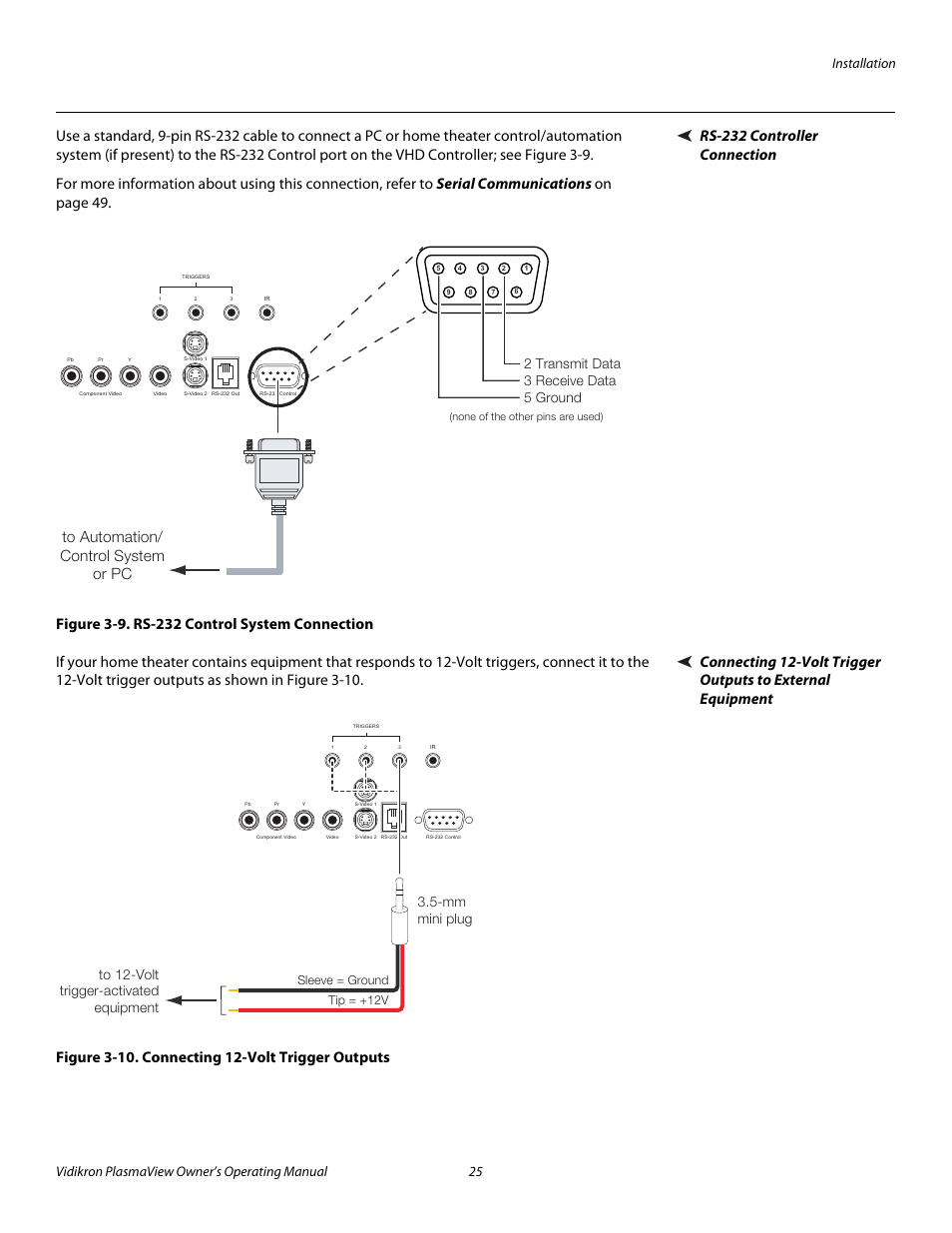 Rs-232 controller connection, Figure 3-9 . rs-232 control system connection, Figure 3-10 . connecting 12-volt trigger outputs | Iminar, 9. rs-232 control system connection, 10. connecting 12-volt trigger outputs, Pre l iminar y | Vidikron VP-6500VHD User Manual | Page 35 / 70