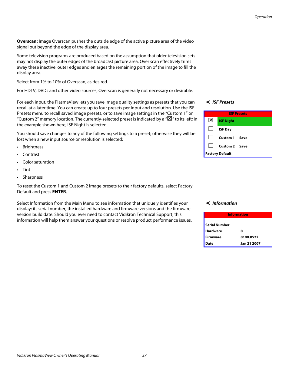 Overscan, Isf presets, Information | Pre l iminar y | Vidikron VP-6500VHD User Manual | Page 47 / 70