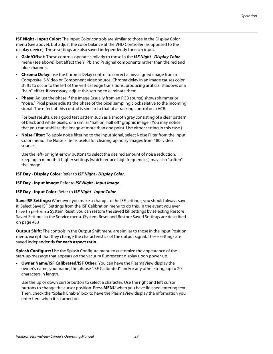 Isf night - input color, Isf day - display color, Isf day - input image | Isf day - input color, Save isf settings, Output shift, Splash configure, Pre l iminar y | Vidikron VP-6500VHD User Manual | Page 49 / 70