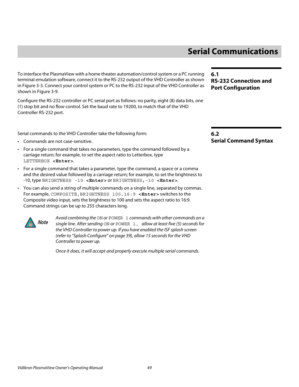 6 serial communications, 1 rs-232 connection and port configuration, 2 serial command syntax | Serial communications, Rs-232 connection and port configuration, Serial command syntax, Pre l iminar y | Vidikron VP-6500VHD User Manual | Page 59 / 70