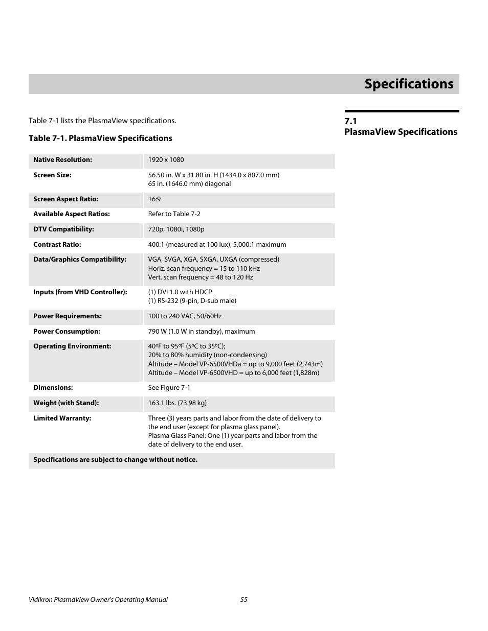 7 specifications, 1 plasmaview specifications, Table 7-1 . plasmaview specifications | Specifications, Plasmaview specifications, Pre l iminar y | Vidikron VP-6500VHD User Manual | Page 65 / 70