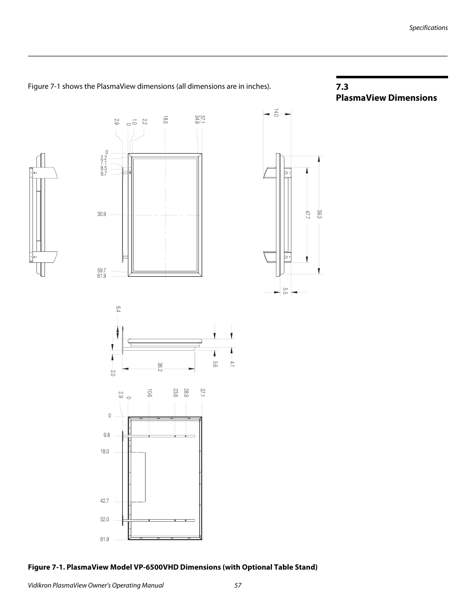 3 plasmaview dimensions, Plasmaview dimensions, Pre l iminar y | Vidikron VP-6500VHD User Manual | Page 67 / 70