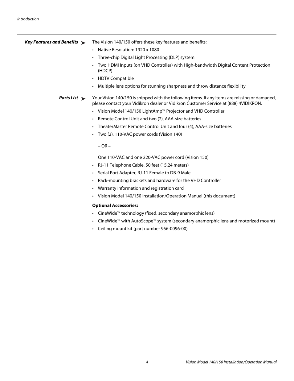 Key features and benefits, Parts list, Optional accessories | Pre l iminar y | Vidikron Vision 150 User Manual | Page 18 / 116
