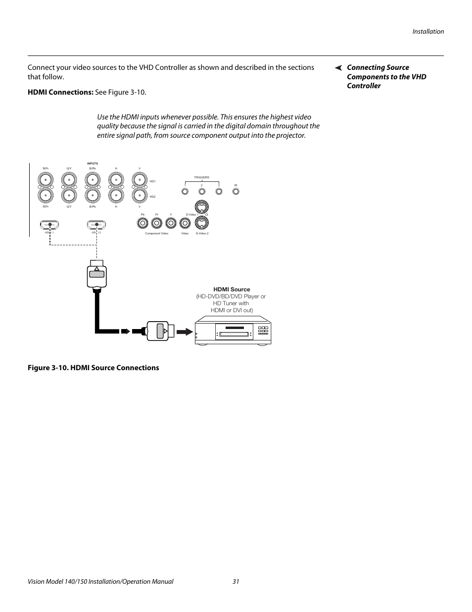 Connecting source components to the vhd controller, Hdmi connections, Figure 3-10 . hdmi source connections | 10. hdmi source connections, Pre l iminar y | Vidikron Vision 150 User Manual | Page 45 / 116