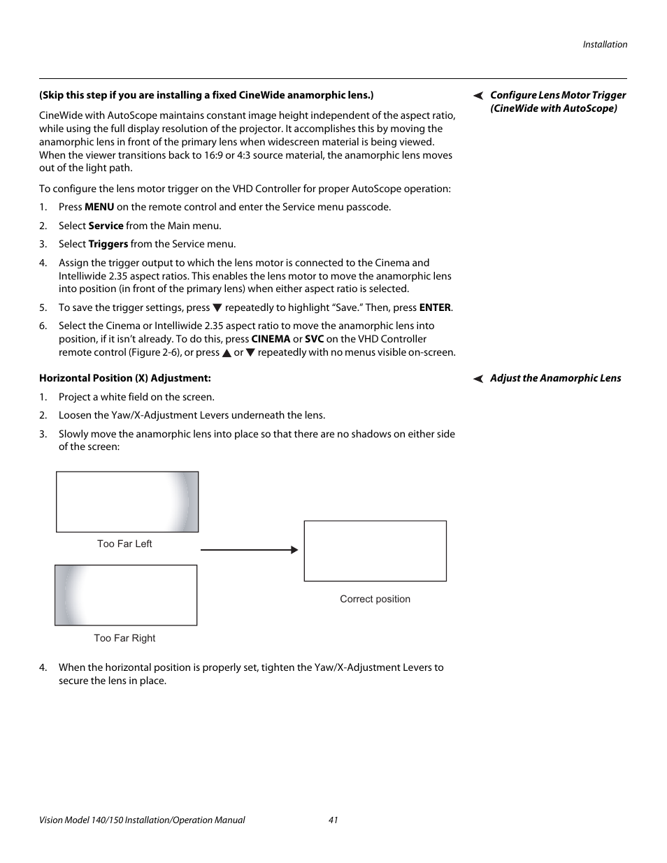 Adjust the anamorphic lens, Horizontal position (x) adjustment, Pre l iminar y | Vidikron Vision 150 User Manual | Page 55 / 116