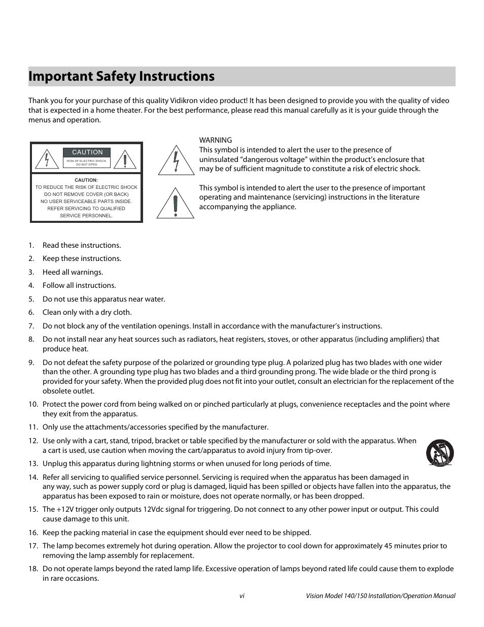 Important safety instructions, Pre l iminar y | Vidikron Vision 150 User Manual | Page 6 / 116