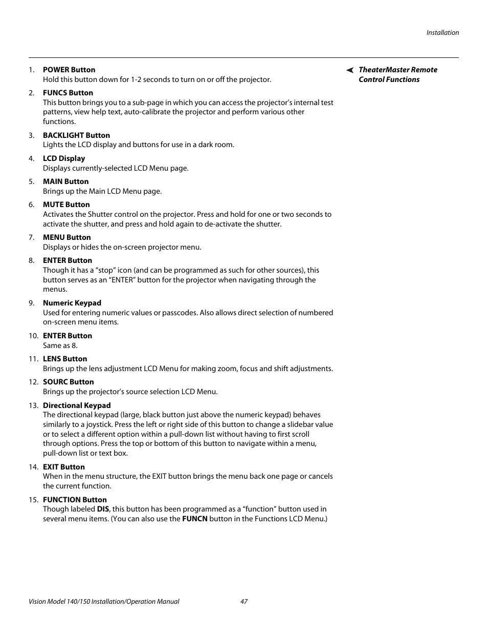 Theatermaster remote control functions, Pre l iminar y | Vidikron Vision 150 User Manual | Page 61 / 116