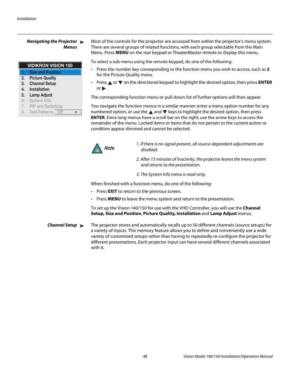 Navigating the projector menus, Channel setup, Pre l iminar y | Vidikron Vision 150 User Manual | Page 62 / 116
