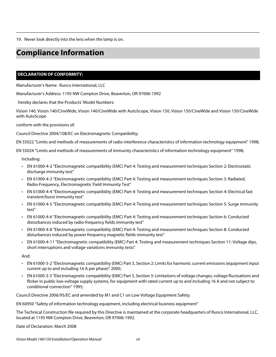 Compliance information, Pre l iminar y | Vidikron Vision 150 User Manual | Page 7 / 116