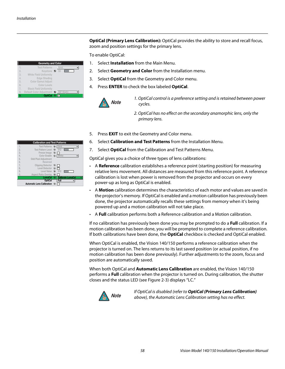 Optical (primary lens calibration), Pre l iminar y | Vidikron Vision 150 User Manual | Page 72 / 116