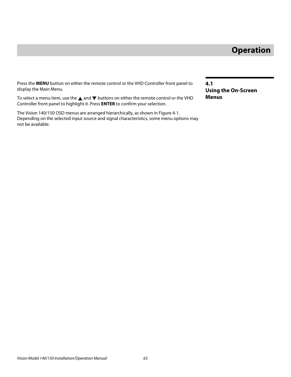 4 operation, 1 using the on-screen menus, Operation | Using the on-screen menus, Pre l iminar y | Vidikron Vision 150 User Manual | Page 77 / 116