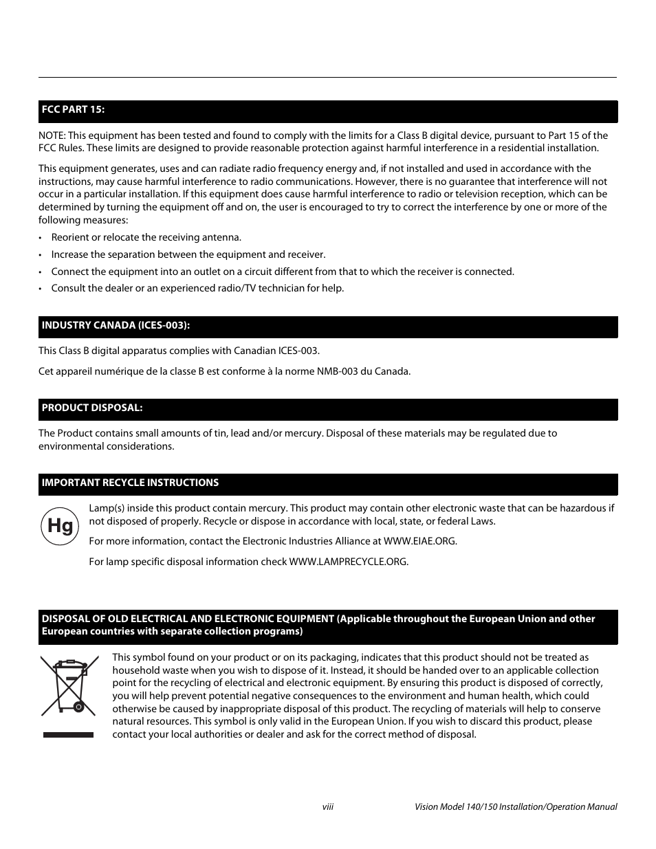 Pre l iminar y | Vidikron Vision 150 User Manual | Page 8 / 116