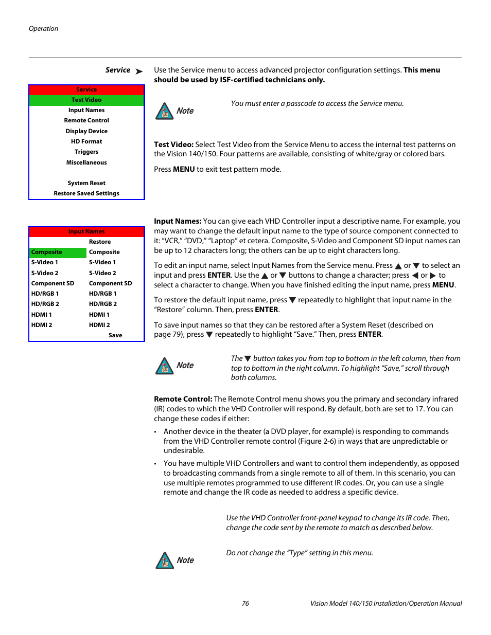 Service, Test video, Input names | Remote control, Pre l iminar y | Vidikron Vision 150 User Manual | Page 90 / 116