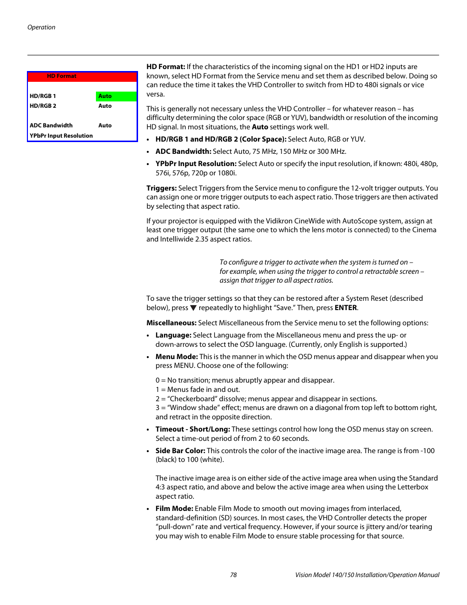 Hd format, Triggers, Miscellaneous | Pre l iminar y | Vidikron Vision 150 User Manual | Page 92 / 116
