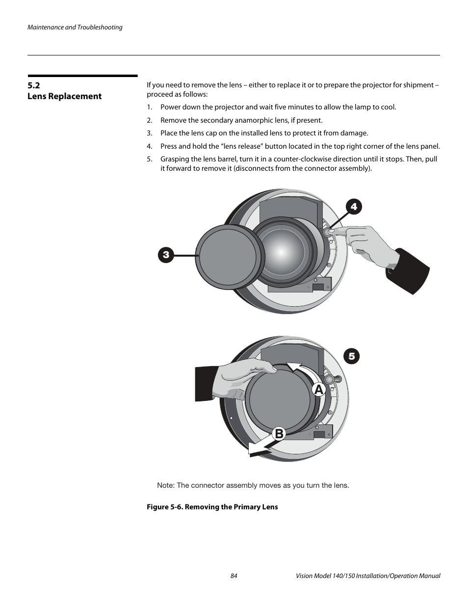2 lens replacement, Figure 5-6 . removing the primary lens, Lens replacement | 6. removing the primary lens, Pre l iminar y | Vidikron Vision 150 User Manual | Page 98 / 116