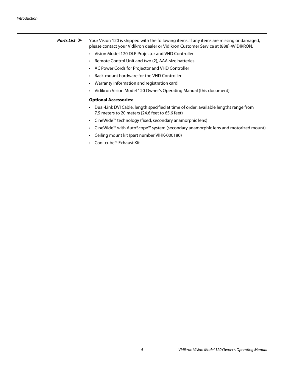 Parts list, Optional accessories, Pre l iminar y | Vidikron Vision v120 User Manual | Page 16 / 88