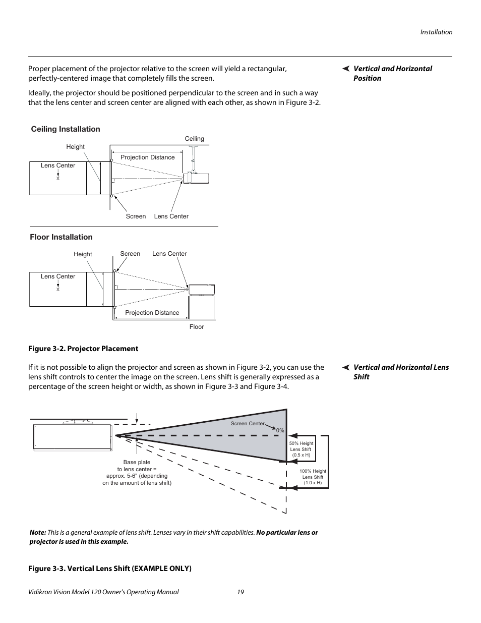 Vertical and horizontal position, Figure 3-2 . projector placement, Vertical and horizontal lens shift | Figure 3-3 . vertical lens shift (example only), 2. projector placement, 3. vertical lens shift (example only), Pre l iminar y | Vidikron Vision v120 User Manual | Page 31 / 88