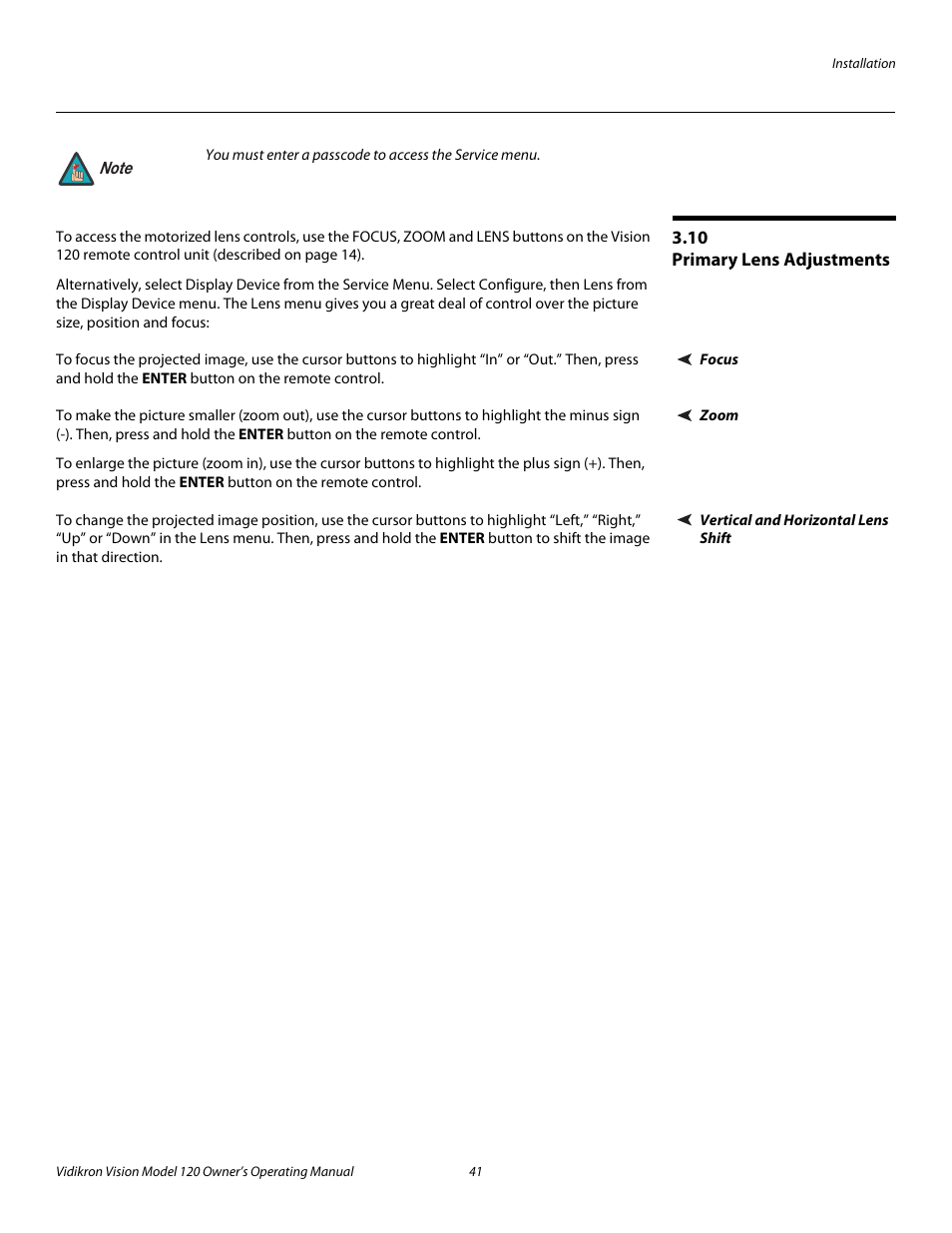 10 primary lens adjustments, Focus, Zoom | Vertical and horizontal lens shift, Primary lens adjustments, Pre l iminar y | Vidikron Vision v120 User Manual | Page 53 / 88