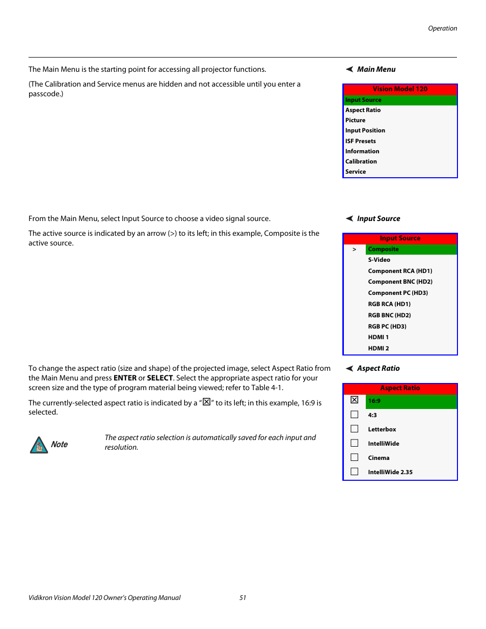 Main menu, Input source, Aspect ratio | 51 through 5, Pre l iminar y | Vidikron Vision v120 User Manual | Page 63 / 88