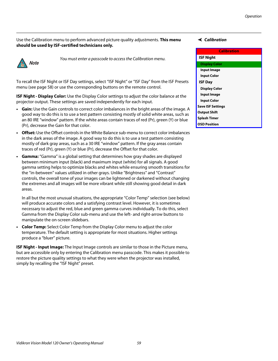Calibration, Isf night - display color, Isf night - input image | Pre l iminar y | Vidikron Vision v120 User Manual | Page 71 / 88