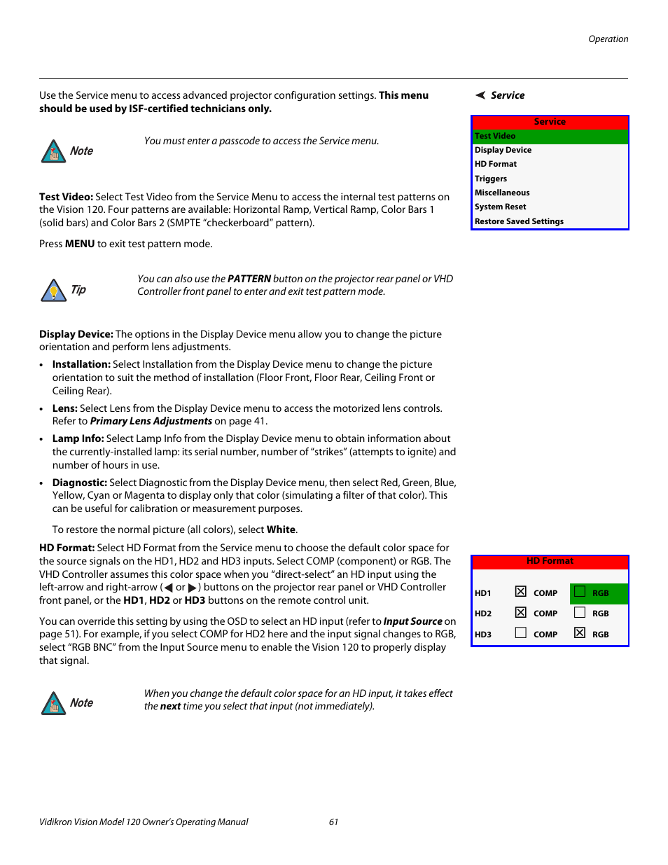 Service, Test video, Display device | Hd format, Pre l iminar y | Vidikron Vision v120 User Manual | Page 73 / 88