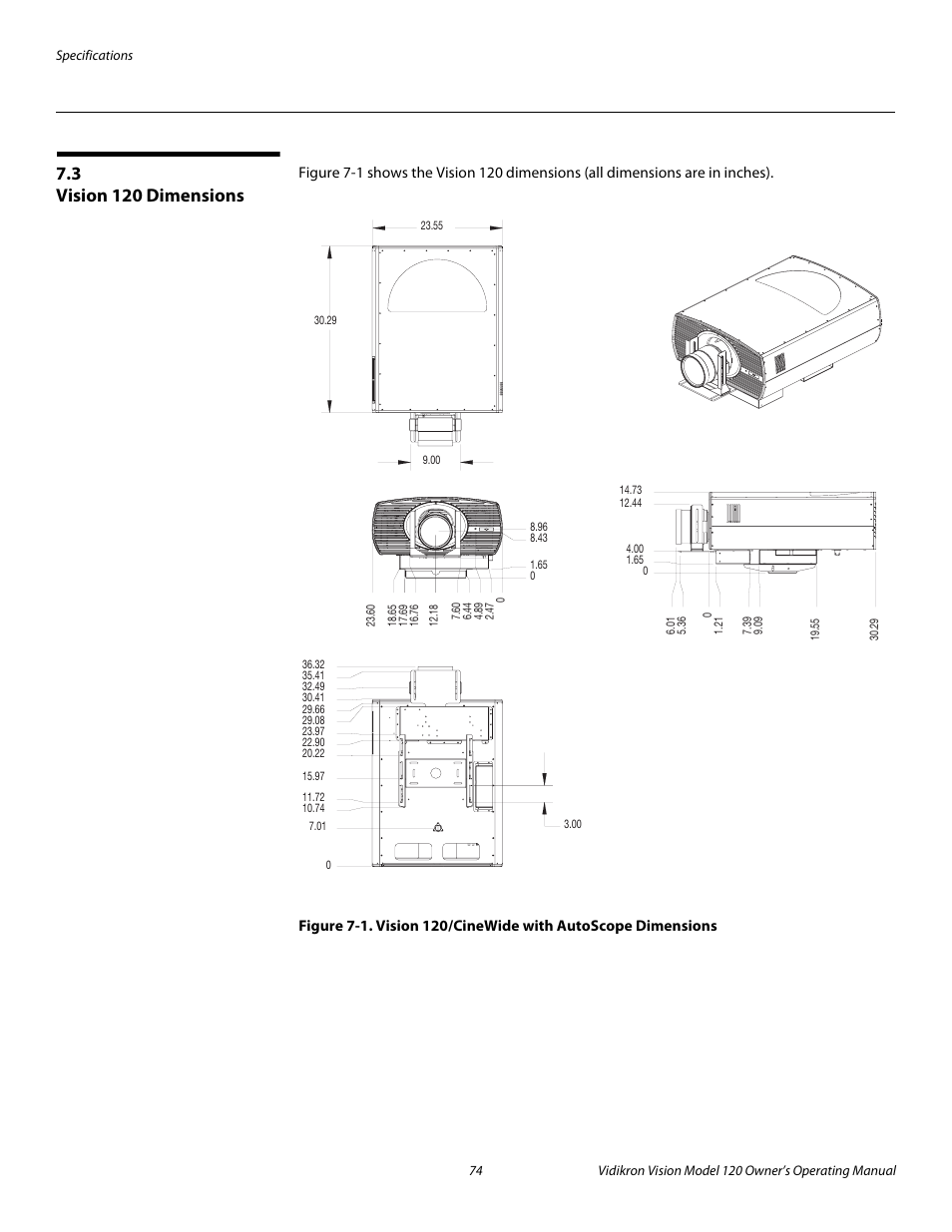 3 vision 120 dimensions, Vision 120 dimensions, 1. vision 120/cinewide with autoscope dimensions | Pre l iminar y | Vidikron Vision v120 User Manual | Page 86 / 88