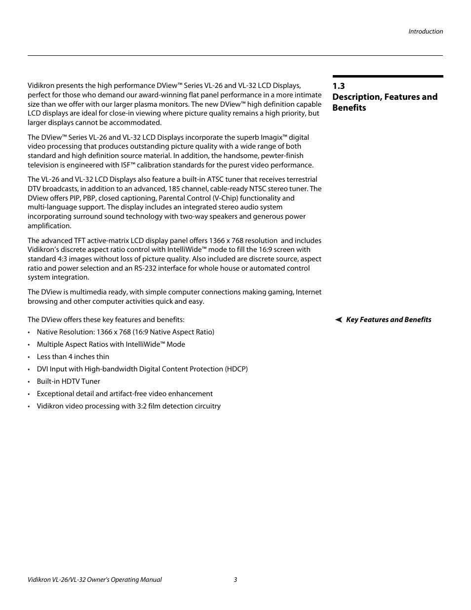 3 description, features and benefits, Key features and benefits, Description, features and benefits | Vidikron VL-26HD User Manual | Page 13 / 66