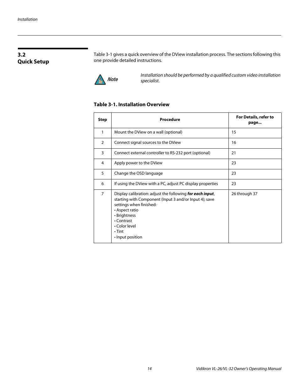 2 quick setup, Table 3-1 . installation overview, Quick setup | Vidikron VL-26HD User Manual | Page 24 / 66