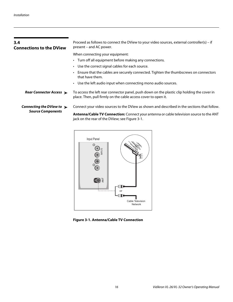 4 connections to the dview, Rear connector access, Connecting the dview to source components | Antenna/cable tv connection, Figure 3-1 . antenna/cable tv connection, Connections to the dview, 1. antenna/cable tv connection | Vidikron VL-26HD User Manual | Page 26 / 66