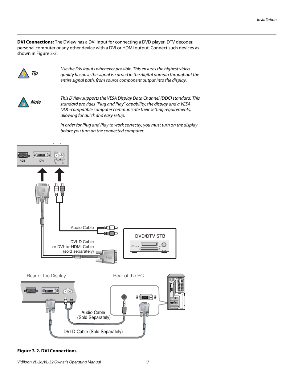 Dvi connections, Figure 3-2 . dvi connections, 2. dvi connections | Vidikron VL-26HD User Manual | Page 27 / 66