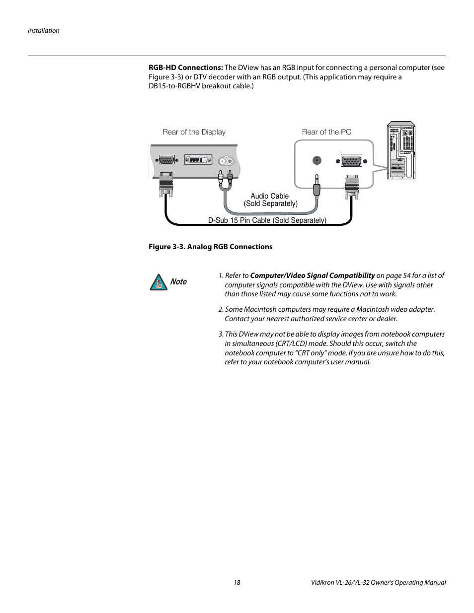 Rgb-hd connections, Figure 3-3 . analog rgb connections, 3. analog rgb connections | Vidikron VL-26HD User Manual | Page 28 / 66