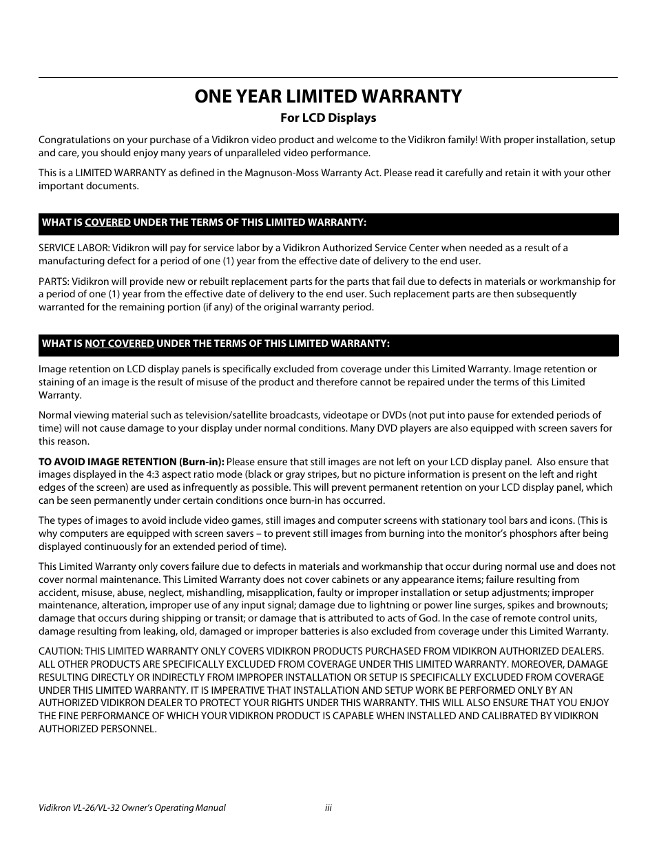 One year limited warranty | Vidikron VL-26HD User Manual | Page 3 / 66