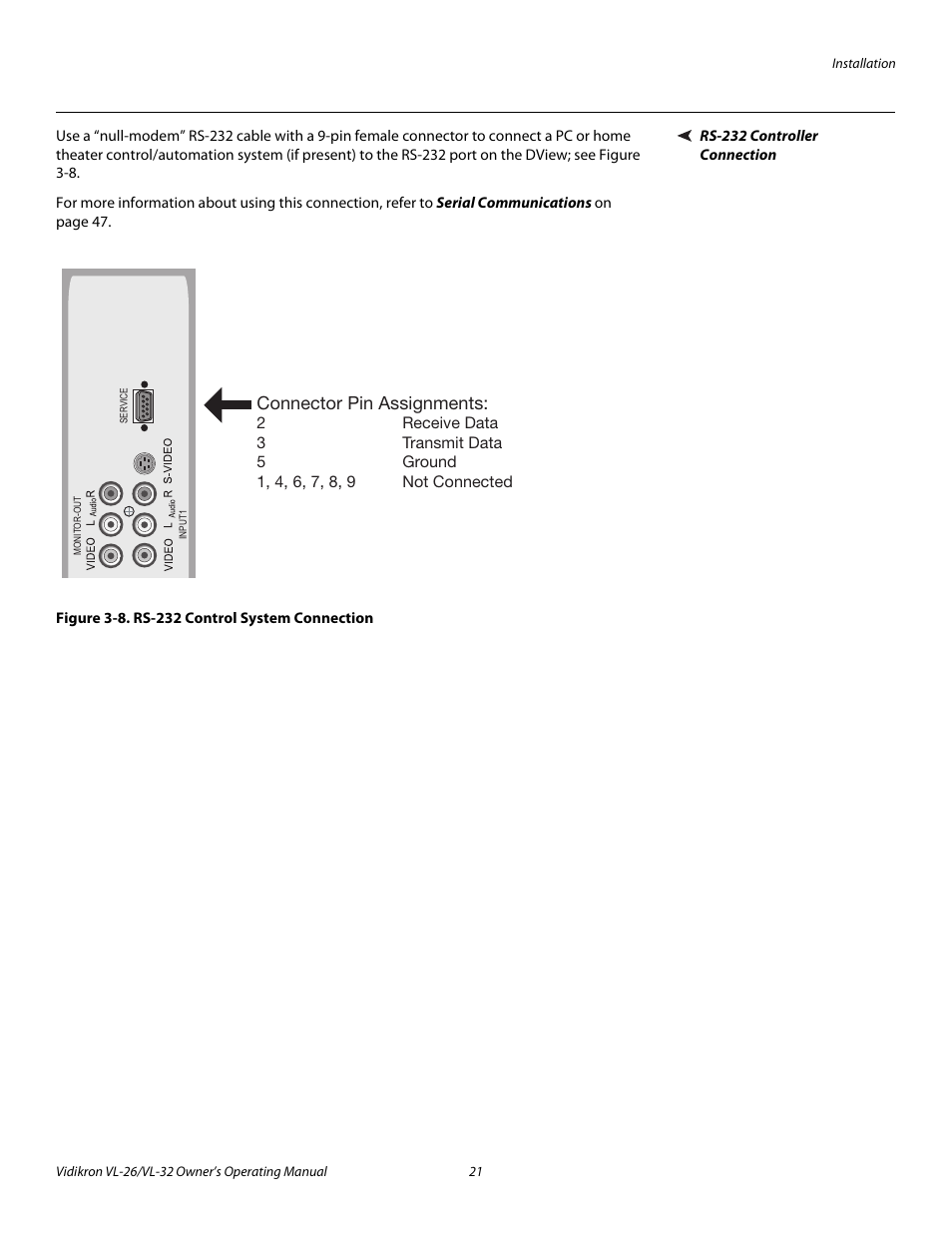 Rs-232 controller connection, Figure 3-8 . rs-232 control system connection, 8. rs-232 control system connection | Connector pin assignments | Vidikron VL-26HD User Manual | Page 31 / 66