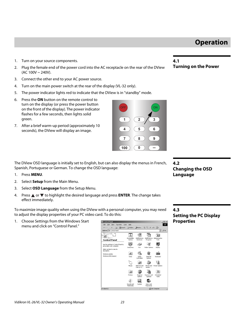 4 operation, 1 turning on the power, 2 changing the osd language | 3 setting the pc display properties, Operation, Turning on the power, Changing the osd language, Setting the pc display properties | Vidikron VL-26HD User Manual | Page 33 / 66