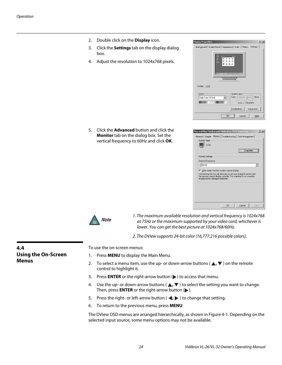 4 using the on-screen menus, Using the on-screen menus | Vidikron VL-26HD User Manual | Page 34 / 66